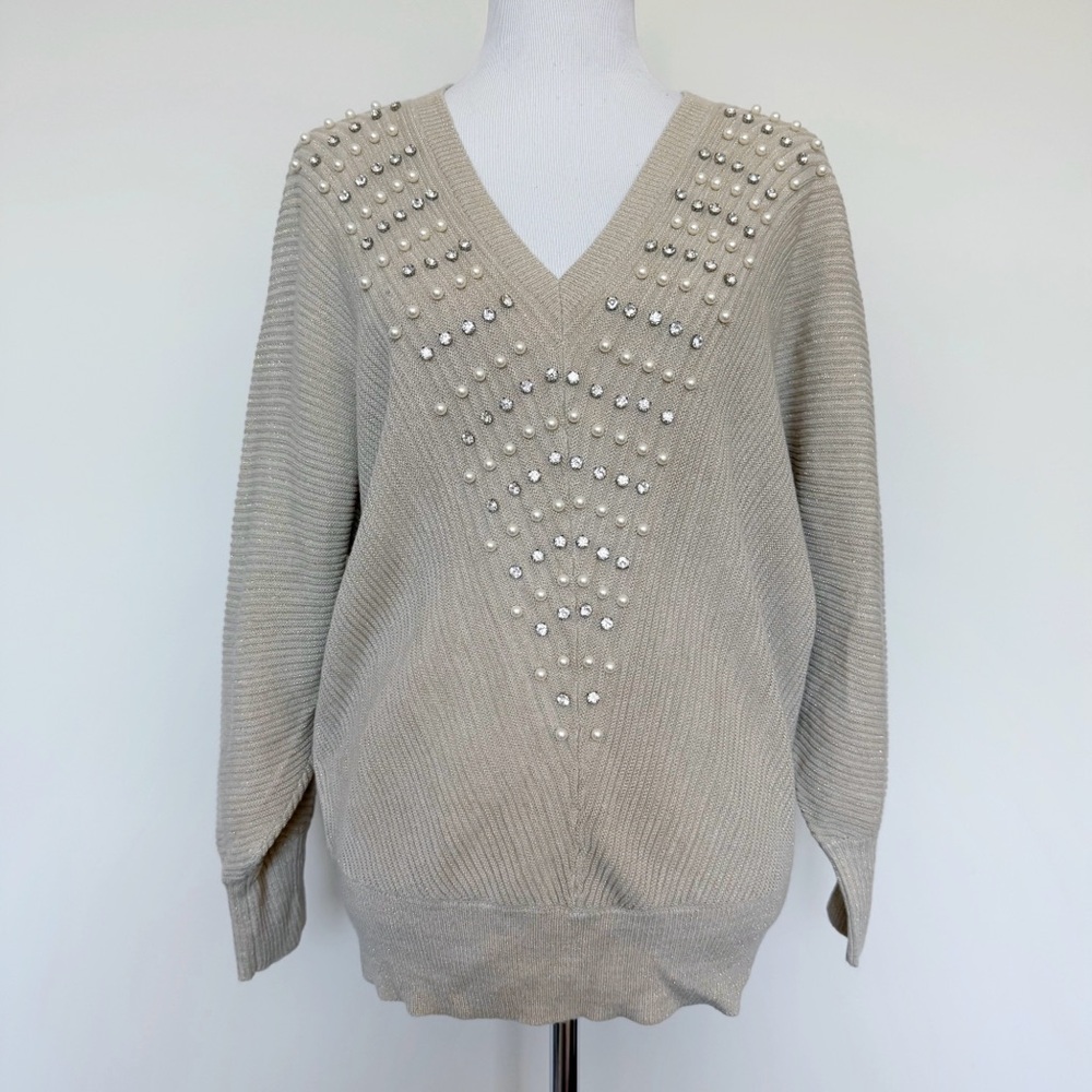 New York and Company Embellished Sweater Womens Size Large Tan Beige Holidays